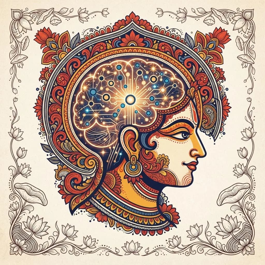 Odisha Pattachitra-style illustration of a mind turning into an AI neural network